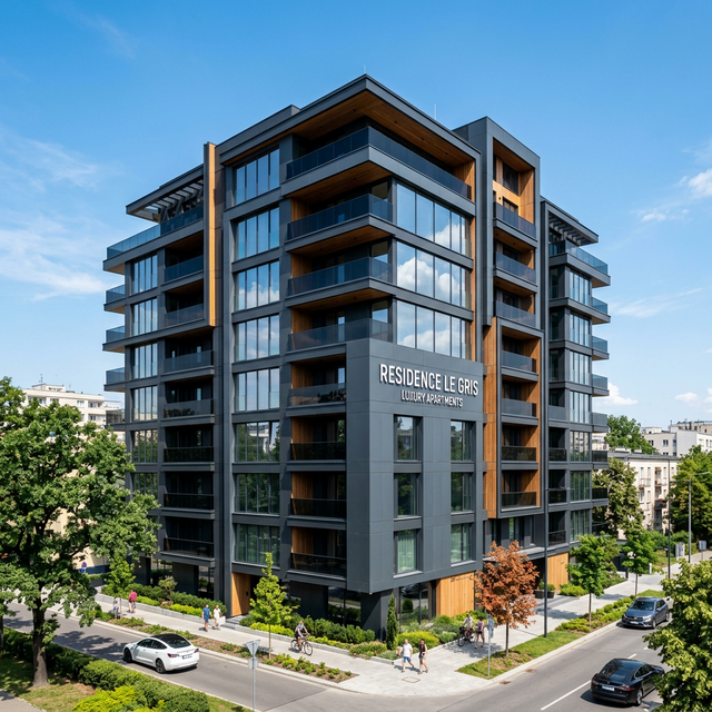 Moderní bytový dům s tmavou fasádou